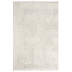 a white rug with an abstract design on it