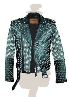 Green Biker's Heavy Spiked Studded, Men's Cowhide Leather Jacket, Motorbike Waist Belted, Steampunk Punk Rock, Handmade Gothic Jacket, Handcrafted pin badges featuring high-quality studs securely attached. Cropped, Vintage-inspired / Moto / Fit Patches Jacket 0.9 to 1.0 MM Cowhide Leather used All sizes are available for the jacket We're happy to accommodate custom sizing, designs, or color alterations Please be sure to check the size chart below before choosing your size We can customize the jacket by adding the customer's name or logo if desired Steampunk Jacket, Gothic Jackets, Punk Patches, Studded Leather Jacket, Fringe Leather Jacket, Studded Jacket, Men's Leather Jacket, Securely Attached, Custom Jacket