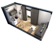 an overhead view of a tiny apartment with kitchen and living room