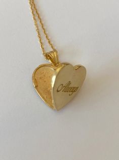 Vintage Personalized Gold Plated Necklace, Personalized Vintage Gold Plated Necklace, Personalized Vintage Gold-plated Necklace, Gold Heart Pendant Locket Necklace With Hallmark, Gold 14k Stamped Locket Necklace For Anniversary, Vintage Personalized Open Heart Jewelry, Engraved Gold Plated Heart Necklace For Anniversary, Dainty Engraved Jewelry For Memorials, Dainty Engraved Jewelry For Memorial