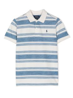 blue/white piqué weave horizontal stripe pattern front button placket polo collar signature Polo Pony motif short side slits short sleeves Striped Short Sleeve Polo Shirt For Summer, Striped Collared Polo Shirt For Summer, Summer Striped Collared Polo Shirt, Blue Cotton Polo Shirt With Three Stripes, Blue Striped Polo Shirt For Summer, Casual Summer Polo Shirt With Horizontal Stripes, Blue Polo Shirt With Striped Collar, Striped Cotton Polo Shirt With Short Sleeves, Casual Short Sleeve Polo Shirt With Horizontal Stripes