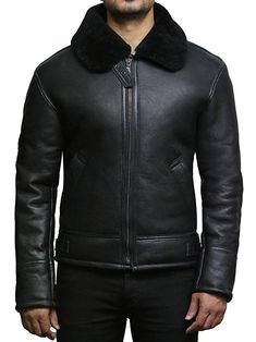 a man wearing a black leather jacket with a fur collar