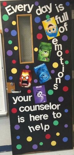 a classroom door decorated with polka dots and posters for the school's day celebration