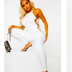 Shape Cream Slinky Tie Side Cut Out Jumpsuit Chic Bodycon Bodysuit For Loungewear, Spring Bodycon Bodysuit For Loungewear, Fitted Backless Jumpsuits And Rompers For Loungewear, Fitted Backless Jumpsuit For Loungewear, Spring Bodysuit For Loungewear, White Bodycon Bodysuit For Parties, Spring Backless Jumpsuits And Rompers For Loungewear, White Bodycon Bodysuit For Spring, Trendy Night Out Bodysuit