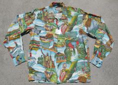 "Wow! Excellent deadstock vintage rayon crepe Hawaiian photo print long sleeve shirt measures 42\" at chest, 19\" at shoulders, and shoulder to hem is 24\". Tagged Sportswear by Samsons size Medium. Never been worn. I steamed the original folds out but the pin at the hem is still in place. Has the original paper tag. Rich & vibrant colors in like new condition. Just perfect. Will ship worldwide. Thanks!" Retro Long Sleeve Beach Shirt, Retro Long Sleeve Shirt For Beach, Long Sleeve Hawaiian Shirt For Vacation, Printed Long Sleeve Hawaiian Shirt For Vacation, Multicolor Long Sleeve Hawaiian Shirt, Hawaiian Long Sleeve Tops With Tropical Print, Long Sleeve Hawaiian Top With Tropical Print, Vintage Long Sleeve Vacation Shirt, Vintage Long Sleeve Shirt For Vacation