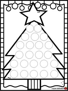 a christmas tree coloring page with circles and dots on the bottom, in black and white