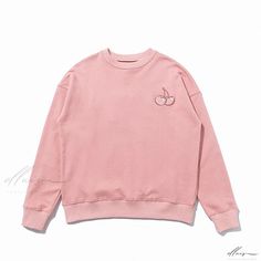 Elluis - Korean Brand Cherry Embroidered Cotton Fleece Sweatshirt, Loose Fit Long Sleeve Pullover with Rib-Knit Crew Neck Korean Brand, Lace Blouse Long Sleeve, Korean Brands, Fitted Turtleneck, Casual Long Sleeve Shirts, Layered Fashion, Embroidery Sweatshirt, Long Sleeve Tops Casual, Embroidered Sweatshirt