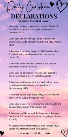 a poem with hearts on it that says, daily christian declarations based on the jabez prayer