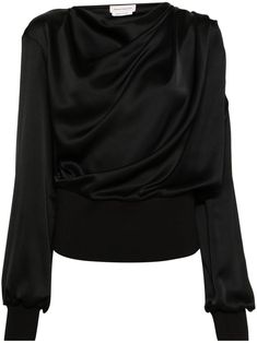 black silk satin draped design gathered detailing cowl neck long sleeves ribbed cuffs and hem straight hem Evening Blouse With Draped Sleeves For Fall, Elegant Black Draped Blouse, Chic Black Draped Blouse, Elegant Draped Fall Blouse, Evening Satin Ruched Tops, Draped Tops For Fall Night Out, Draped Tops For Night Out In Fall, Black Draped Blouse For Evening, Black Draped Tops For Fall