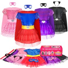 several different types of costumes and accessories for dolls