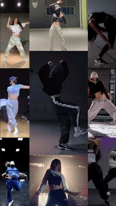 many different pictures of people dancing and doing various things in the same photo, with one person standing up