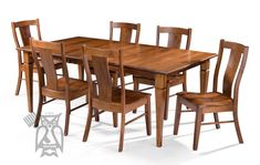 a wooden dining table with six chairs around it