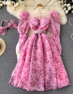 Organza Pink Flower Print Long Puff Sleeve Dress on Luulla Long Puff Sleeve Dress, Party Dress For Girls, Girls Cup, Princess Vibes, Pink Flower Print, Power Puff, Womens Floral Dress, Dress For Girls, Pink Floral Dress