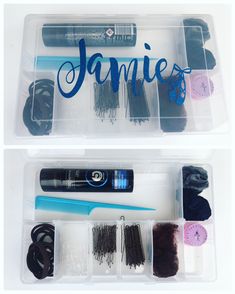 two clear plastic containers filled with different types of hair brushes and other items in them