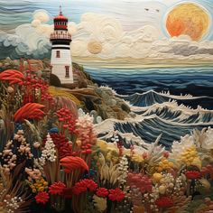 a painting of a lighthouse on top of a cliff by the ocean with red flowers