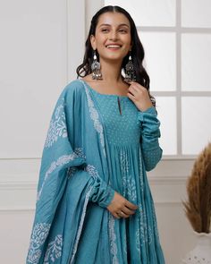 Beat the heat with effortless style in our Light Blue Hand Block Printed Anarkali Set. Made with the finest mul-mul fabric, this suit set is perfect for making a fashion statement even in soaring temperatures. Stay cool and chic even in heat. No. of pieces - 3 piece set. Color - Light Blue. Fabric - Mul-Mul. Washing Instructions - Dry Clean. Blue Mulmul Palazzo Set With Printed Motifs, Blue Long Sleeve Cotton Anarkali Set, Blue Anarkali Lawn Suit With Block Print, Anarkali Blue Lawn Suit With Block Print, Blue Straight Kurta Lawn Suit In Mulmul, Blue Mulmul Anarkali Set With Straight Kurta, Blue Mulmul Lawn Suit With Straight Kurta, Blue Cotton Anarkali Set For Eid, Blue Mulmul Anarkali Set For Eid