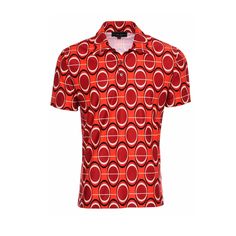 "The DZ Stretch Jersey Men's Polo Tiki Shirt provides comfort and breathability all day long. Golf, tennis, the beach... you betcha! Inspired by a classic 1960s polo shirt. The Dorothy Zudora Lava Luau Print incorporates elements of geometric, space age and op art influences during the Mod fashion movement. All of our signature prints were designed by Dorothy Zudora and printed in the USA. This Tiki Shirt was crafted by extremely talented tailors in our Tampa Bay studio. The model is a 5'11\" ta Retro Summer Polo Shirt With Polo Collar, Red Polo Shirt With Graphic Print, Retro Summer Polo Shirt, Red Collared Polo Shirt With Graphic Print, Retro Fitted Polo Shirt, Retro Collared Polo Shirt With Graphic Print, Retro Cotton Polo Shirt For Summer, Retro Red Polo Collar Top, Fitted Retro Summer Polo Shirt