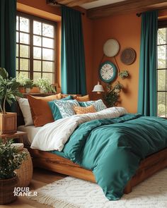 a bedroom with orange walls and teal curtains