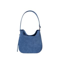 Akris "Anna" hobo bag in printed denim nubuck leather  Adjustable shoulder strap Fold-over flap top with magnetic closure  Approx. 7.2"H x 7.2"W x 2.7"D Made in Romania Denim Hobo Bag, Made In Romania, Printed Denim, Nubuck Leather, Hobo Bag, Magnetic Closure, Romania, Tops Designs, Shoulder Strap