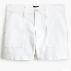 99% Cotton/1% Elastane. Front Patch Pockets. 3 1/2" Inseam. Machine Wash. Import. Online Exclusive. Item Bp276. This Listing Js Not Affiliated With J.Crew, J.Crew Factory, Or Madewell. Interior Label May Be Marked To Prevent In-Store Returns. White Workwear Shorts With Pockets, White Cotton Shorts For Everyday, White Cotton Everyday Shorts, Everyday White Cotton Shorts, White Jeans With Patch Pockets, White Jean Shorts With Pockets For Summer, White Summer Bottoms With Patch Pockets, Cotton Jeans For Work, Short Length, White Jean Shorts For Everyday Wear