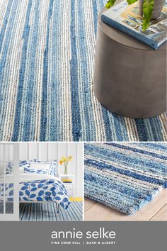 a blue and white striped rug with the words annie selke on it's side