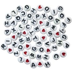 white and black letters with red hearts on them