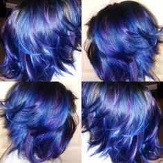 Fun little a line Bob i did blue hair purple hair Bob Purple Blue Hair Color Ideas, Blue Hair On Short Hair, Hair Dye Ideas On Short Hair, Blue And Purple Ombre Hair Short, Cosmic Hair Color, Blue And Purple Dyed Hair, Blue Hair With Purple Tips, Dark Blue And Purple Hair Highlights, Blue With Purple Hair