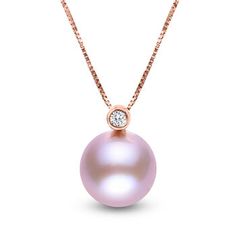 Ross-Simons - 10-10.5mm Pink Cultured Pearl Pendant Necklace, Diamond Accent. 18". Pink pearls are a girl's best friend! This pretty pendant necklace features a 10-10.5mm pink cultured freshwater pearl with a diamond accent in polished 14kt rose gold. Suspends from a box chain. Springring clasp, pink pearl pendant necklace. Pearl birthstones are the perfect gift for June birthdays. Classic Pink Akoya Pearl Jewelry, Rose Gold Pearl Necklace For Anniversary, Rose Gold Akoya Pearl Necklace Gift, Pink Akoya Pearl Round Necklace, Classic Rose Gold Round Pearl Necklace, Classic Rose Gold Akoya Pearl Necklace, Fine Jewelry Rose Gold Pearl Necklace, Luxury Rose Gold Pearl Pendant Necklace, Rose Gold Round Pearl Necklace In Fine Jewelry Style