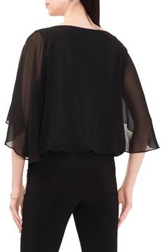 Bring instant glam to your look with a top framed by sheer, flowy sleeves and a scalloped border design of rhinestones and imitation pearls. Ballet neck Three-quarter sleeves Partially lined 95% polyester, 5% spandex Hand wash, line dry Made in the USA Elegant V-neck Tops With Sheer Sleeves, Elegant Chiffon V-neck Tops, Elegant V-neck Chiffon Tops, Formal Fitted Chiffon Tops, Chic Embellished Evening Tops, Elegant V-neck Top With Sheer Sleeves, Elegant Party Blouse With Overlay, Sheer V-neck Top For Formal Occasions, Chic Embellished Formal Blouse