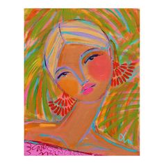 an abstract painting of a woman's face with large, colorful fan shaped earrings