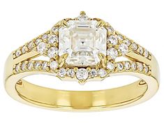 Moissanite Fire® 1.43ctw diamond equivalent weight asscher cut and round brilliant, 14k yellow gold over silver ring. Measures approximately 3/8" L x 1/16" W and is not sizeable. Actual moissanite weight is 1.24ctw. Asscher Cut Yellow Gold Diamond Ring, Yellow Gold Cubic Zirconia Diamond Ring, Asscher Cut, Yellow Gold Asscher Cut Diamond Ring With Halo Setting, Gold Diamond Ring With Asscher Cut Center Stone, Gold Asscher Cut Diamond Ring With Center Stone, Gold Asscher Cut Wedding Ring With Diamond Accents, Gold Asscher Cut Ring With Diamond Accents For Wedding, Gold Asscher Cut Diamond Ring, Silver Engagement Ring