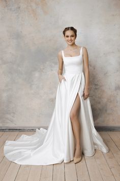 Satin square neckline wedding dress – Bloom • Piondress Square Neckline Wedding Dress, Square Neck Wedding Dress, Low Back Wedding Dress, Wedding Dress Satin, Wedding Dress A Line, Long Sleeve Chiffon Dress, Neck Wedding Dress, Bow Wedding Dress, Wedding Dress With Pockets