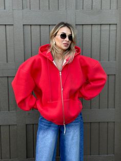 Red color Midweight cotton fabric Oversized fit Drop shoulders Large front pockets Two-way zip front closure  Unlined 100% Cotton Dry Clean Red Hoodie Outfit, Hoodie With Zipper, Hoodie Oversize, Hoodie Zip, Hoodie Outfit, Oversized Hoodie, Red Hoodie, Zip Up Hoodie, Zipper Hoodie