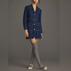 Denim Jacket Dress. The Material Is Very Thick! It Can Be Styled As A Jacket Or Dress. Runs Large. I Bought Two Sizes And Never Returned This One. Love Wearing This With Turtlenecks And Mini Skirts. Never Worn Mini Length Denim Dress With Pockets For Work, Fitted Long Sleeve Denim Jacket For Work, Chic Fitted Denim Jacket With Long Sleeves, Fall Denim Button-up Dress, Button-up Denim Dress For Fall, Chic Single-breasted Long Sleeve Denim Jacket, Chic Long Sleeve Single-breasted Denim Jacket, Fall Button-up Denim Dress, Chic Fitted Single-breasted Denim Jacket