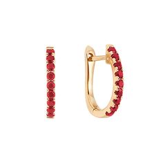 There is no shortage of color and sparkle in these elegant hoop earrings with 18 pavé-set round rubies  at approximately .38 carats total weight. Crafted from quality 14 karat yellow gold  these 1/2 inch hoop earrings are secured with latch backs. Sapphire Hoop Earrings, Opal Jewellery, Jeweled Earrings, July Birthstone Jewelry, Platinum Jewelry, Make Your Own Jewelry, Filigree Design, Sapphire Jewelry, Gold Jewelry Fashion