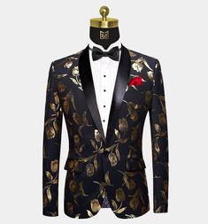 Black and Gold Tulip Tuxedo Jacket (FREE shipping) | Gentleman's Guru Gold Tuxedo Jacket, Unique Tuxedos, Gold Tuxedo, 1950s Jacket Mens, Cargo Jacket Mens, Khaki Parka, Coat With Fur Collar, Green Cargo Jacket, Men Coat