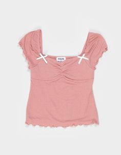 Rsq Cinch Bow Top. Cinch Detailing At Center Chest. Short Sleeves With Ribbon Bow Details. Scalloped Sleeves And Hem. Rib Knit Construction. 69% Polyester 27% Rayon 4% Spandex. Hand Wash. Imported. | Rsq Girls Cinch Bow Top Cute Pink Shirt, Pink Tank Tops, Scalloped Sleeves, Bow Crop Tops, Wwe T Shirts, Flannel Sweatshirt, Bow Top, Tube Tops, Legally Blonde