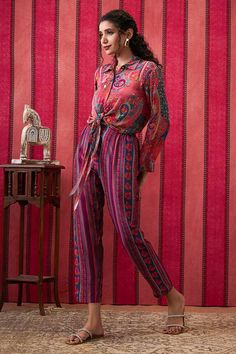 Multicolor shirt in paisley pattern with sequin embellishments. Paired with a pant. - Aza Fashions Embellished Shirt, Pants Pattern, Pant Set, Shirt And Pants, Paisley Pattern, Set For Women, Aza Fashion, Pants Set, Embellishments