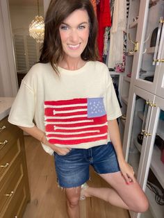 Show off your patriotic side with our Betsy Flag Patch Top! This unique top features a playful American flag patch with rope and embroidery details, making it the perfect option for summer holidays. Betsy Ross would be proud! Top is lightweight looped Terry fabric and is a cream color. Top measures 29" in length. Bust measures 24" from underarm seam to seam. Measurements taken on a small. Fabric has some give. This has a generous, oversized fit. Your normal size will be loose. If in between size Skirt Extender, Patch Top, American Flag Patch, Betsy Ross, Deodorant Stains, Flag Patches, Unique Top, Terry Fabric, Summer Holidays