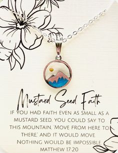 This beautiful Mountain mustard seed necklace is perfect for any occasion!  Share your faith and the love of God everywhere you go! These beautiful handmade resin jewelry pieces make the perfect gift for your best friend, mom, sister, or just a reminder of your own inner beauty and faith.  Necklace is handmade with resin, mustard seeds, and your choice of either silver plated or sterling silver necklace chain.  Necklace Length: 18 or 20 inches long  CHOICES OF CHAIN MATERIAL: 1. 18" (inch) Silve Christian Resin Ideas, Mountain Mustard, Sister In Christ, Mustard Seed Jewelry, Mustard Seed Faith, Mustard Seed Necklace, Seed Necklace, Silver Necklace Chain, Mountain Jewelry