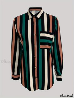 Olivia Mark - Stripe Print Button Front Blouse, Elegant Long Sleeve Blouse For Spring & Fall, Women's Clothing Multicolor Button Closure Shirt For Work, Multicolor Shirt With Button Closure For Work, Multicolor Work Shirt With Button Closure, Multicolor Button-up Tops For Workwear, Multicolor Button-up Tops For Work, Multicolor Buttoned Shirt For Work, Multicolor Button-up Shirt For Work, Blouse Elegant, Fall Care