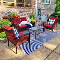 a dog laying on top of a red couch next to two chairs and a table