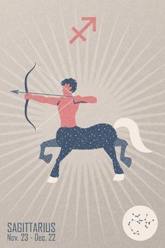 the zodiac sign for sagittarius is depicted on a card with an image of a man riding a horse