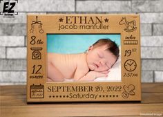 a wooden frame with a baby's birth photo on the front and bottom side