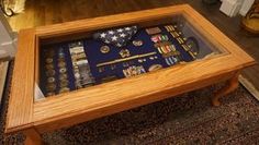 DIY - Shadow Box Coffee Table Diy Farm Tables, Wood Box Diy, Military Coin Display, Frame Puzzle, Shadow Box Table, Shadowbox Ideas, Shadow Box Coffee Table, Box Coffee Table, Shadow Box Ideas