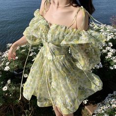 Lasaky - Floral Print Sweet and Spicy Tea Break Chiffon Dress with Waist Cinching and Princess Puff Skirt Spicy Tea, Puff Skirt, Short Green Dress, Y2k Dress, Casual Dating, Resort Dresses, Tea Break, Fairy Dress, Vacation Dresses