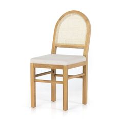 a wooden chair with a white upholstered seat and back rest on a white background