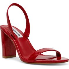 "Find STEVE MADDEN Emilie Slingback Sandal on Editorialist. A classic round toe and wrapped block heel balance a minimalist sandal fashioned with an elasticized slingback strap for a secure fit. 3 1/2\" heel Elasticized slingback strap Leather upper/synthetic lining and sole Imported" Fuzzy Crocs, Red Platform Heels, Red Platform, Strappy High Heels, Red High Heels, Heeled Sandal, Red High, Red Heels, Boots And Sneakers