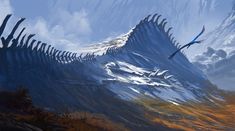 an artist's rendering of a mountain with birds flying over it