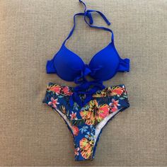 Get Ready To Soak Up The Sun In This Beautiful Two Piece Bikini That Features A Floral Print And High Cut Bottoms. The Underwire Molded Top Provides Comfortable Support While The Spaghetti Straps Add A Touch Of Femininity. This Bikini Is Perfect For Lounging By The Pool Or Taking A Dip In The Ocean. It Is Made Of A Blend Of Polyester And Spandex, Making It Comfortable And Easy To Care For With Machine Washability. The Bikini Comes In Size S And Is Ready To Make You Look And Feel Beautiful. Nwot Blue Swimwear With Padded Cups For Pool, Yellow Swimwear With Padded Cups For Vacation, Blue Swimwear With Padded Cups For Swimming, Blue Swimwear With Padded Cups For Sunbathing, Blue Padded Swimwear For Pool, Yellow Padded Swimwear For Vacation, Blue Swimwear With Padded Cups For Beach Party, Blue Padded Swimwear For Beach Party, Blue Summer Swimwear With Padded Cups